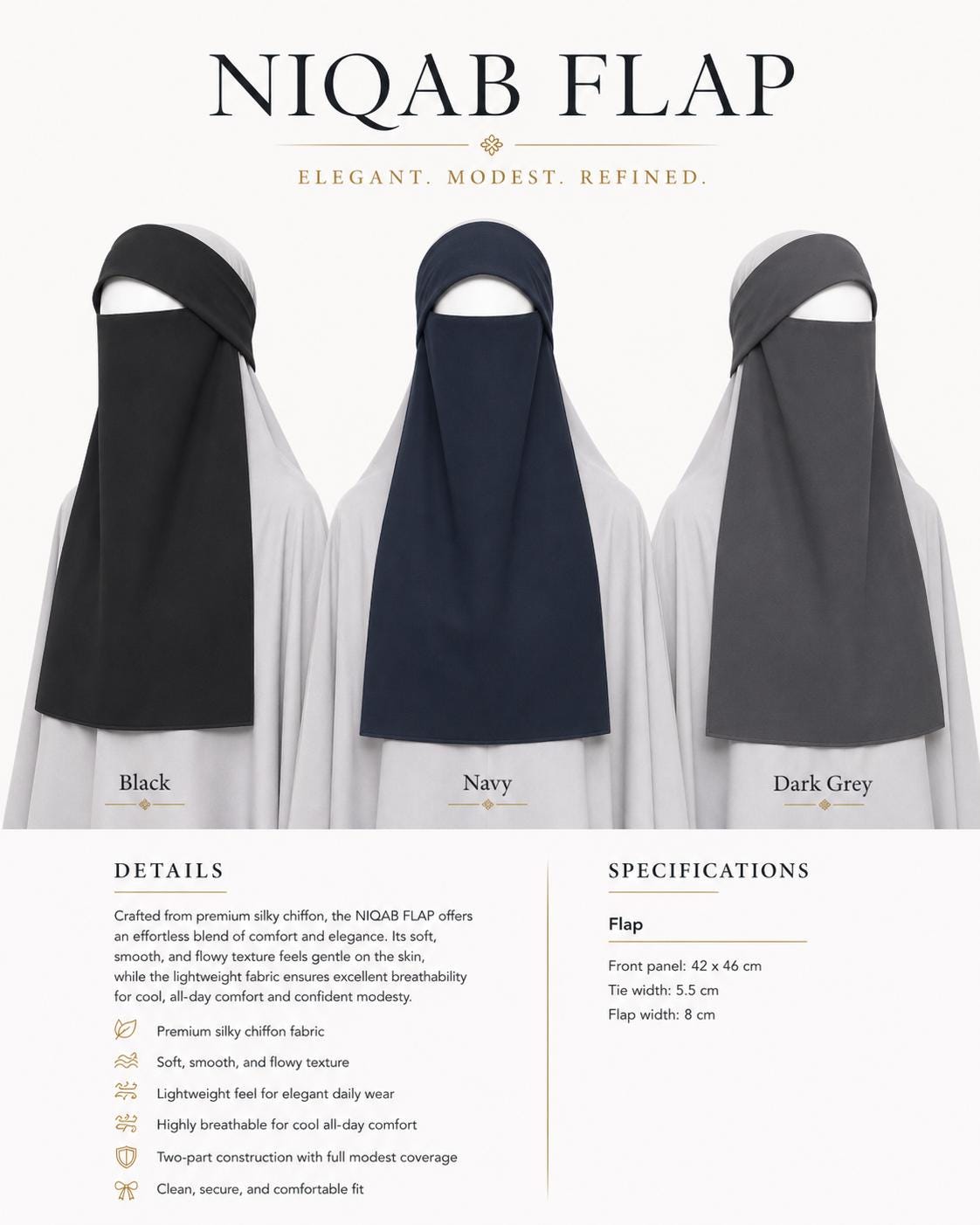 Super breathable single-panel niqab flap in silky chiffon, shown in black, navy and dark grey, with a 42 x 46 cm front panel, modest Muslim face veil