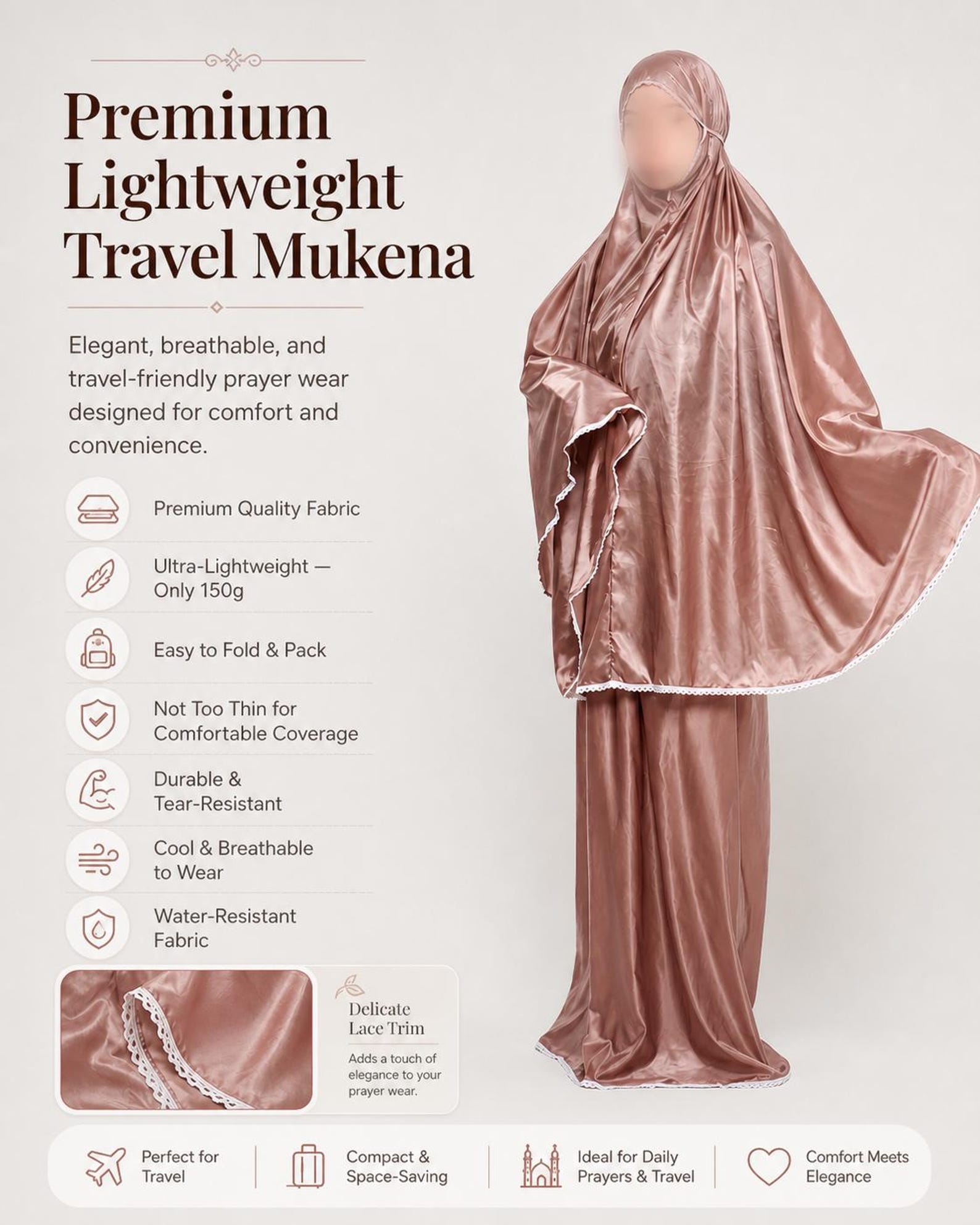 Soft lightweight travel mukena telekung - 2-in-1 Muslim prayer set with veil and skirt, packable for prayer and travel