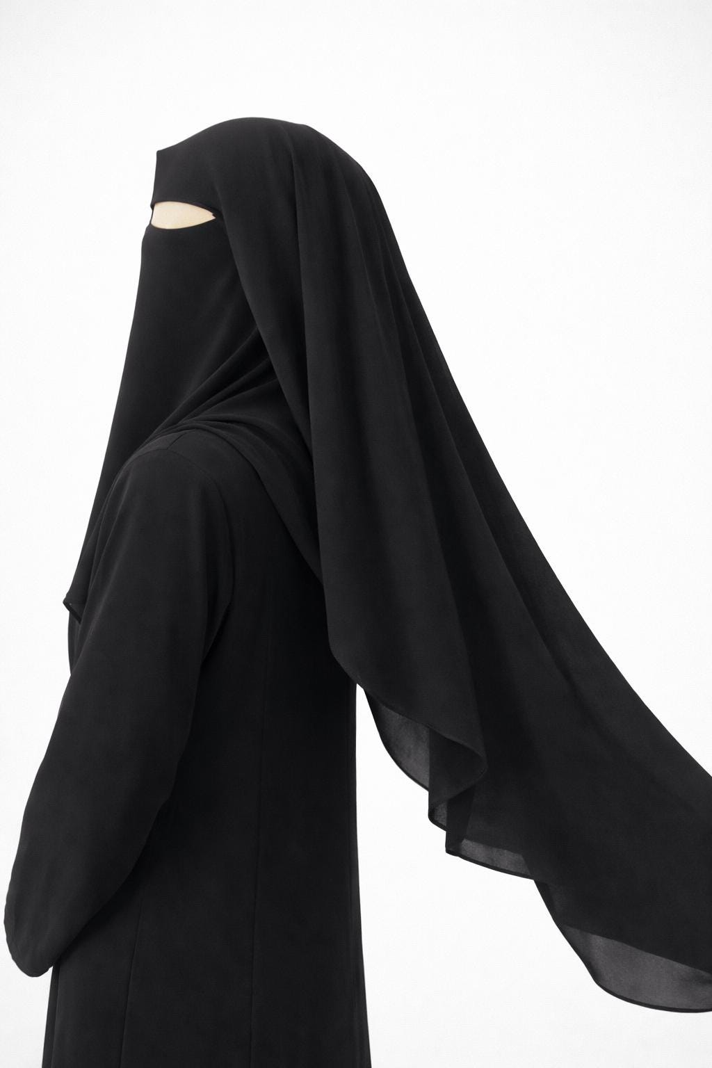 Black 2-in-1 niqab with nose string, a breathable silky non-transparent face veil with butterfly design for modest Muslim wear